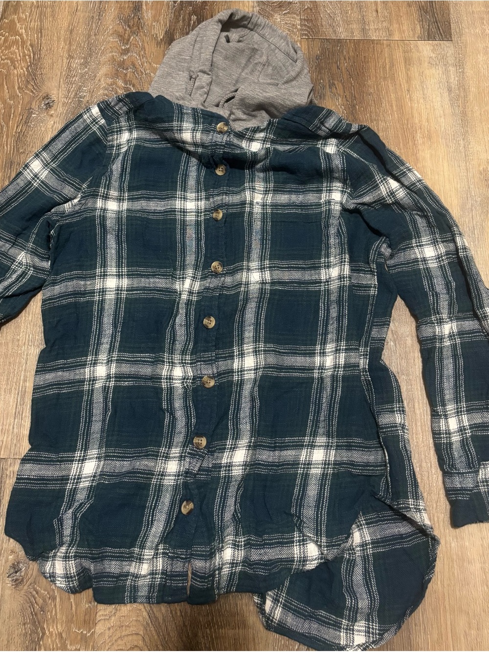 Plaid Hooded Button-Up Shirt - Forest Green, Navy Teal & White